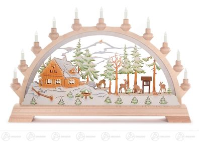 Schwibbogen mit Forsthaus u. Rehen farbig elektrisch beleuchtet 63 cmx40 cmx6 cm