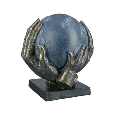 Gilde Skulptur, Ball, "Save the World", Händemotiv, Kunstharz, grau, bronzefarben,