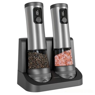 Electric Automatic Pepper & Salt Grinder Set with Rechargeable Base & LED Short Descr