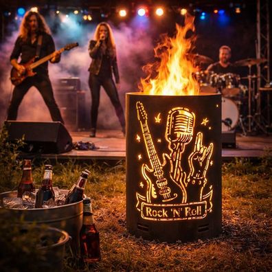 Feuertonne mit Rock n Roll Motiv - Feuerkorb für Garten & Party Outdoor