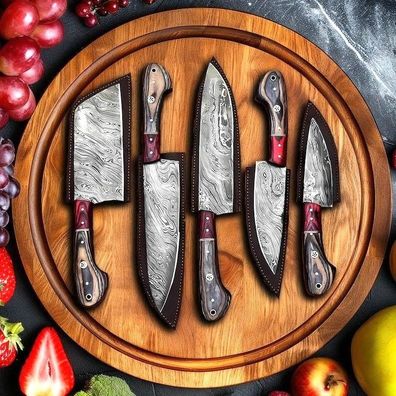 5-Piece Damascus Steel Chef Knife Set | Handmade Kitchen Knife Set With Sheath