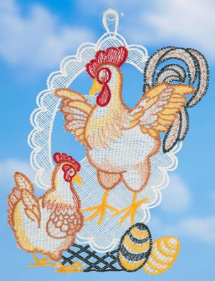 Fensterbild Ostern Plauener Spitze Hahn Henne Spitzenbild Osterdekoration Rot 22 cm