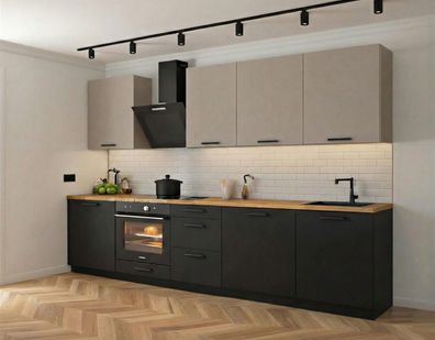 Küchenzeile Axis 290 cm Kaschmir, chwarz Matt- Küche 2,9m, Einbauküche