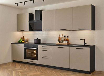 Küchenzeile Axis 290 cm Kaschmir/Schwarz Matt- Küche 2,9m, Einbauküche