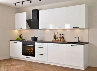 Küchenzeile Axis 290cm Weiß Hochglanz, Matt- Küche 2,9m