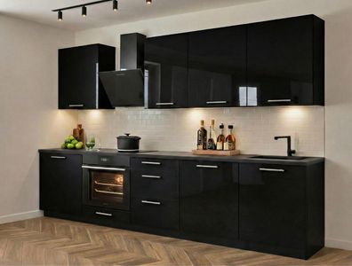 Küchenzeile Axis 290 cm Schwarz Hochglanz, Matt- Küche 2,9m