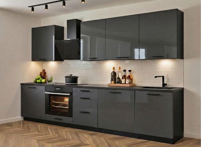 Einbauküche Axis 290cm Grau Hochglanz, Schwarz Matt 2,9m