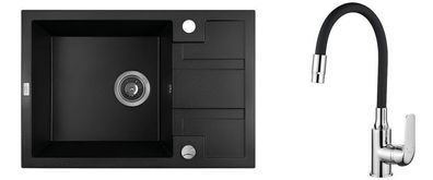 SET Küchenarmatur & Granitspüle 1-Becken Barbados Schwarz 44x65 | Siphon im SET!