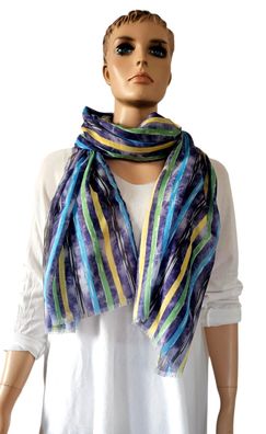 XXL weicher Schal Halstuch Tuch Scarf kurze Fransen bunte Streifen Blau Grün Gelb