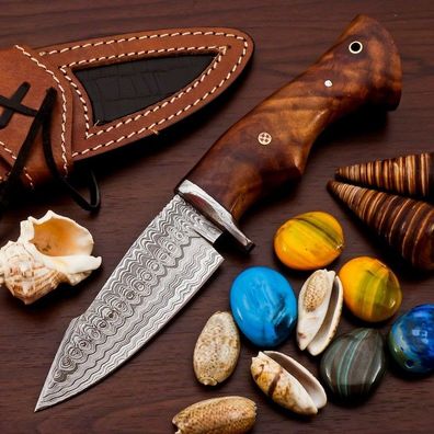 Damascus Bowie Knife | Handmade Fixed Blade with Leather Sheath