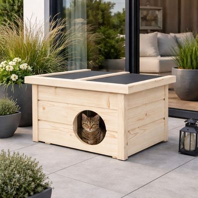 QLS Katzenhaus Outdoor Holz 40x50x37cm klappbares Dach isoliert 2 cm Styropor 11420