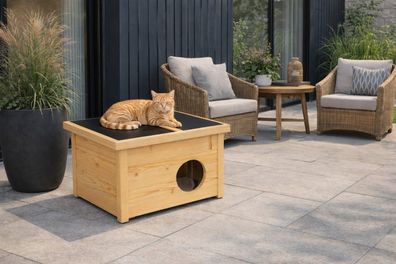 QLS Katzenhaus Outdoor Holz 40x50x37cm klappbares Dach isoliert Styropor Eiche 11422