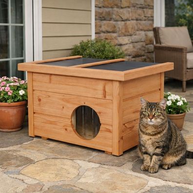 QLS Katzenhaus Outdoor Holz 40x50x37cm klappbares Dach isoliert 2cm Tik 11424