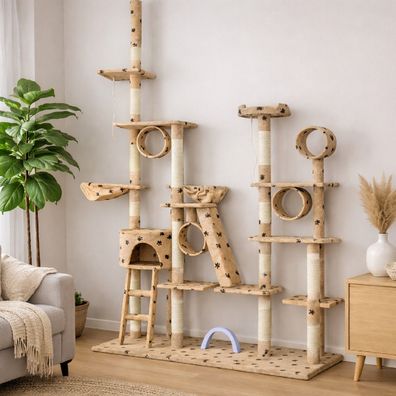 QLS Kratzbaum für Katzen XXL 255cm Hoch Tunnel Hängematten Sisalstämme Stabil 11417