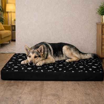 QLS Hundebett 100x70 cm Schwarz Pfotenmuster Wasserdicht Hundeliege Schlafplatz 11425