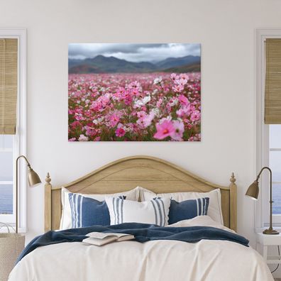 Leinwandbild Feld Blumen Rosa Berge Leinwand Bilder Wanddeko Wohnzimmer Schlafzimmer