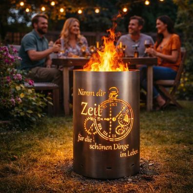 Feuertonne / Feuerkorb / Feuerschale mit Uhr und Zeit Motiv