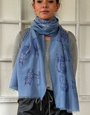 Edler XXL Schal Tuch Halstuch weiche Viskose Fransen Metallic Katzenprint Jeansblau