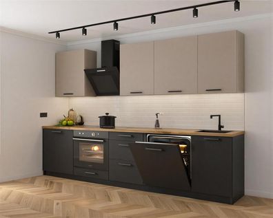 Küchenzeile Axis 280 cm DW Kaschmir, Schwarz Matt- Einbauküche 2,8m