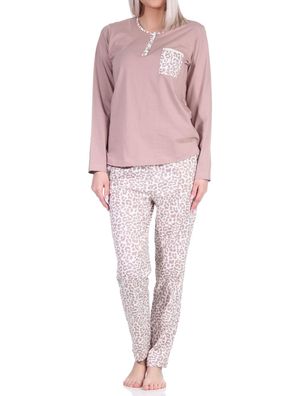 Lässiger Damen Pyjama langarm Schlafanzug in Leo-Print Optik - 122 201 90 444