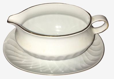 Bareuther Waldsassen Sauciere mit Unterplatte, Weiß mit Goldrand, Relief 192, Vintage