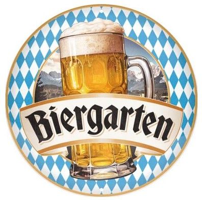 Biergarten Blechschild 35 cm rund und Motiv geprägt