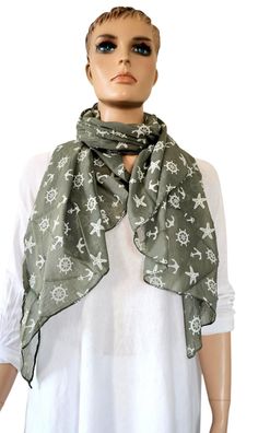 Italy Blogger Schal Halstuch Scarf Seide/Baumwolle asymetrisch maritimer Print Khaki