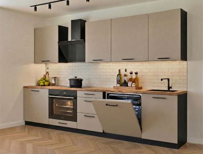 Küchenzeile Axis 280 cm DW Kaschmir/Schwarz Matt- Küche 2,8m, Einbauküche