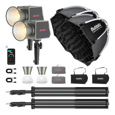 Multiblitz Set 2x Fotolicht LED 100W 2x Lampenstativ 2x Octagon Softbox Ø40cm