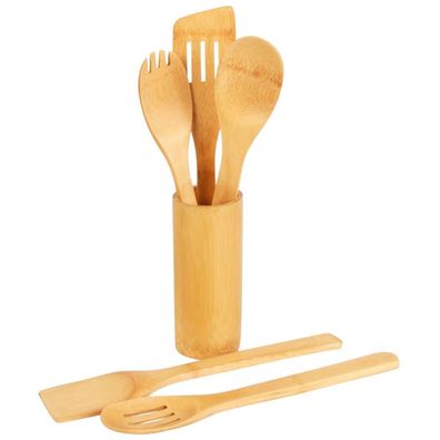Bambus Küchenhelfer 5er-Set im Utensilienhalter Kochbesteck Löffel Pfannenwender