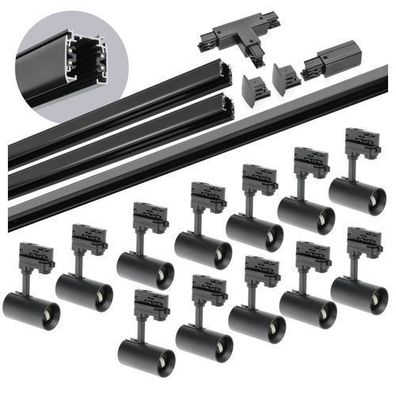 Schienensystem Komplett-Set 12xLampe 2x1m + 2m Schiene, Verbinder T Schwarz