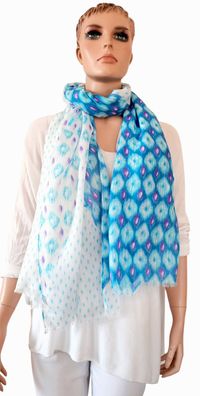 XXL Schal Halstuch Tuch Viskose/Seide kurze Fransen Print Hellblau Türkis Lila