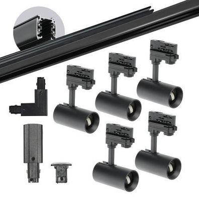 Schienensystem Komplett-Set Schiene 1m+2m, 5x Lampe, L-Steckverbinder rechts schwarz