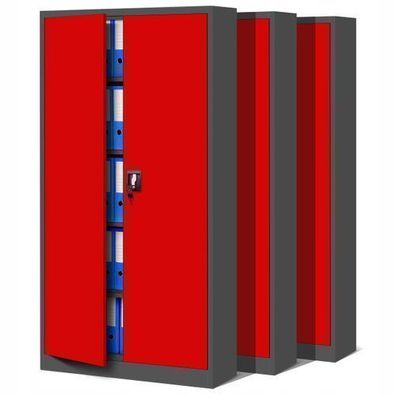 3er Set ktenschrank Metallschrank Büroschrank 185 cm x 90 cm x 40 cm (anthrazit/rot)