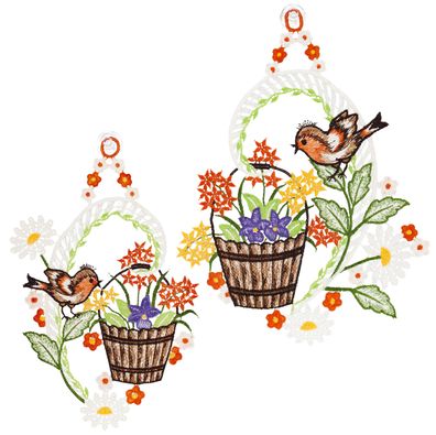 Fensterbilder Set Plauener Spitze Fensterdekoration Sommer Vögel Blumen 2er Set
