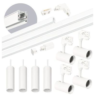 Schienensystem Komplett-Set 1m+2m+2m Schiene, 8x Lampe, interner Schalter + L WEISS
