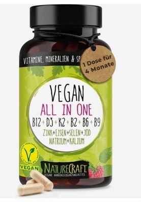 Vegan All-In-One - Vitamin B12 + D3 + K2 + B2 + B6 + B9 Folsäure + Zink + Eisen