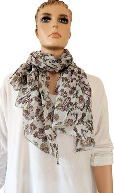 Italy Schal Tuch Halstuch Seide/Baumwolle asymetrisch Blumenprint Grau Bunt