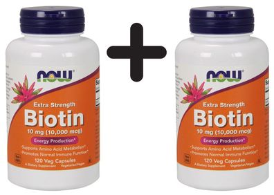 2 x NOW Foods Biotin, 10mg (Extra Strength) - 120 vcaps