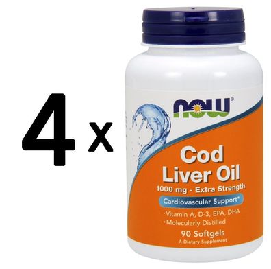 4 x NOW Foods Cod Liver Oil, 1000mg Extra Strength - 90 Softgels