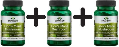 3 x Swanson Full Spectrum Lion's Mane Mushroom, 500mg - 60 caps
