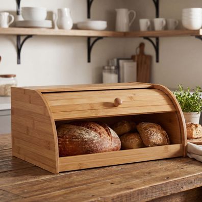 Brotkasten HWC-B80, Brotkiste Brotbehälter Brotaufbewahrung, Bambus Rolldeckel