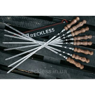 Schaschlikspieße mit Holzimprägniergriff und Gravur Reckless 6-teilig