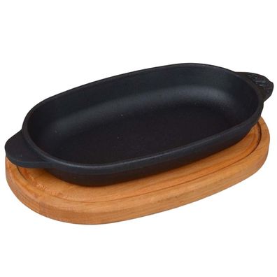 Ovale Servierpfanne aus Gusseisen mit Holzablage