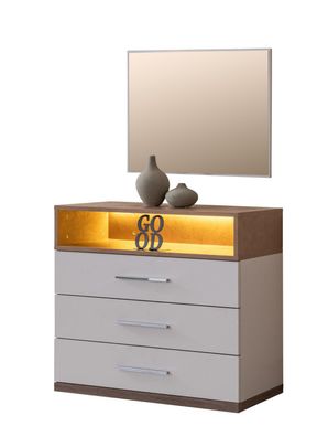 Schubladenkommode mit LED Milano in Nussbaum/Weiß
