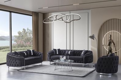 Sofa Set Elite Plus 3-teilig Chesterfield Schwarz