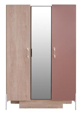 Kleiderschrank Rosetta 3-türig mit Spiegel in Rosa/Eiche Holzoptik