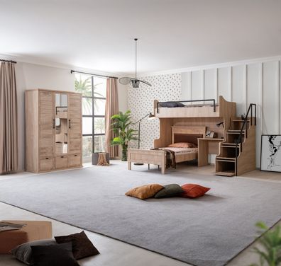 Multifunktionales Kinderhochbett-Set Polo 4-teilig in Eiche Holzoptik