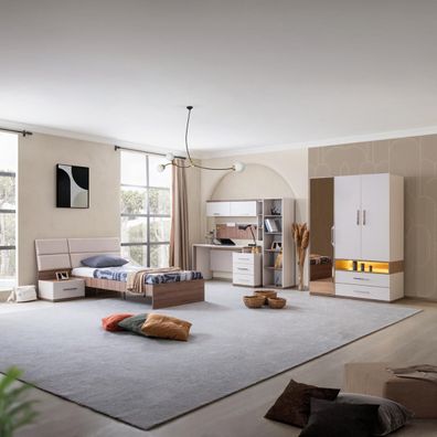Jugendzimmer-komplett Milano 6-teilig in Nussbaum/Weiß