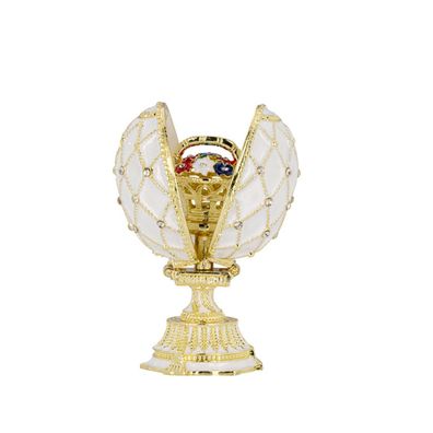 Emaille Schmuckei 7 x Ø 3,5 cm weiß aufklappbare Eidose mit Blumen-Bouquet innen